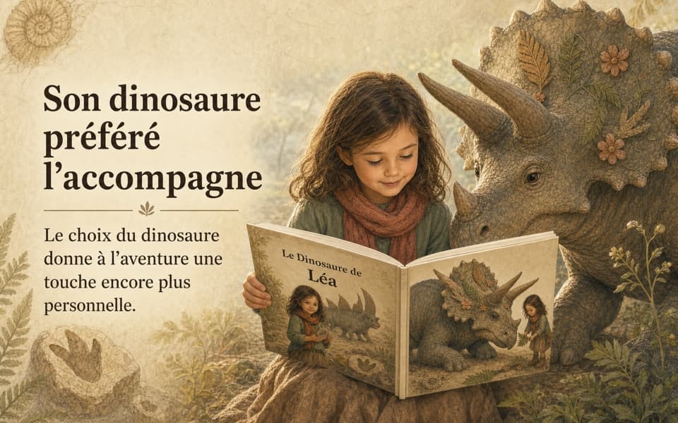Le dinosaure préféré accompagne l'enfant dans l'histoire