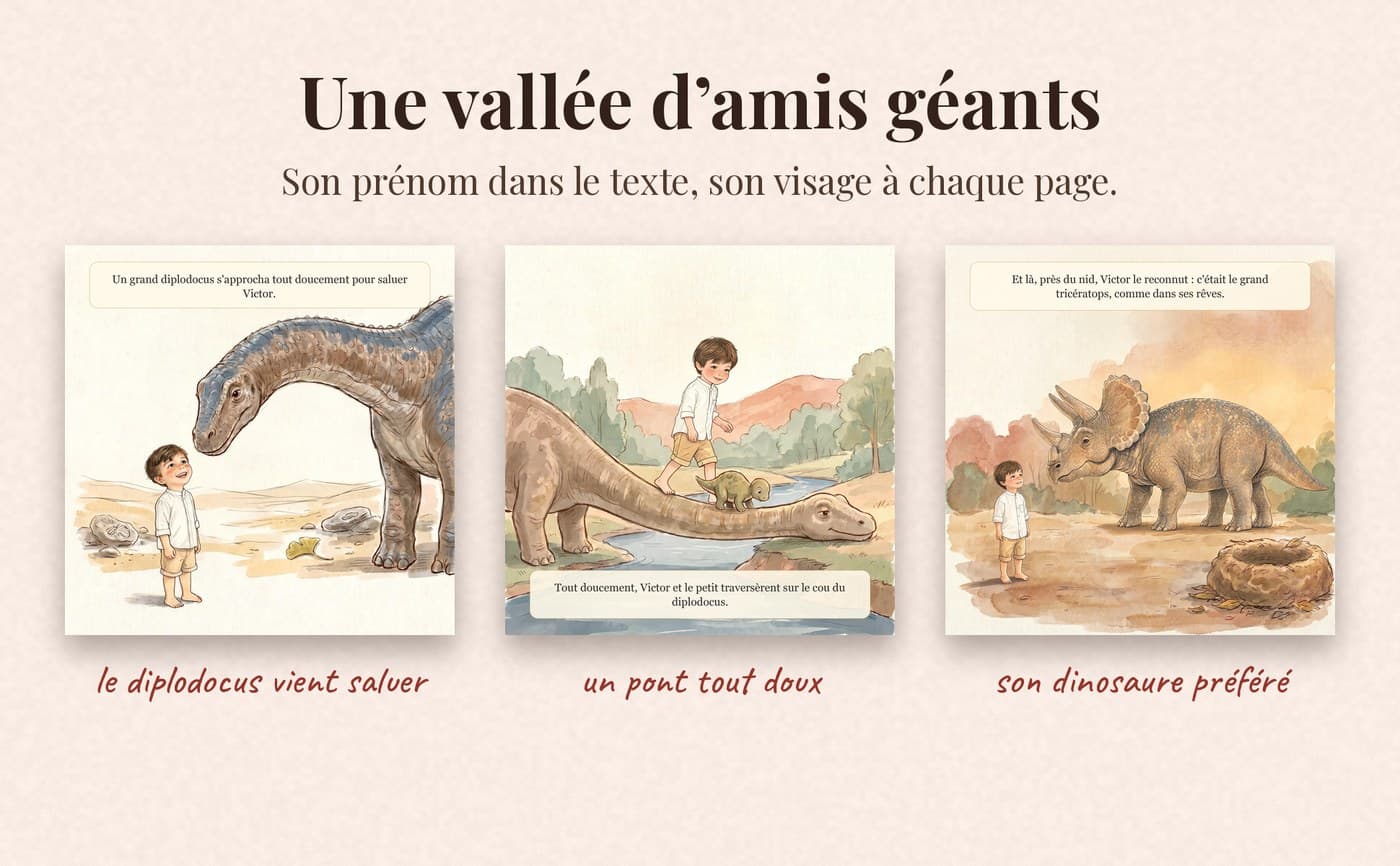Trois vraies pages : le diplodocus, le pont, son dinosaure préféré